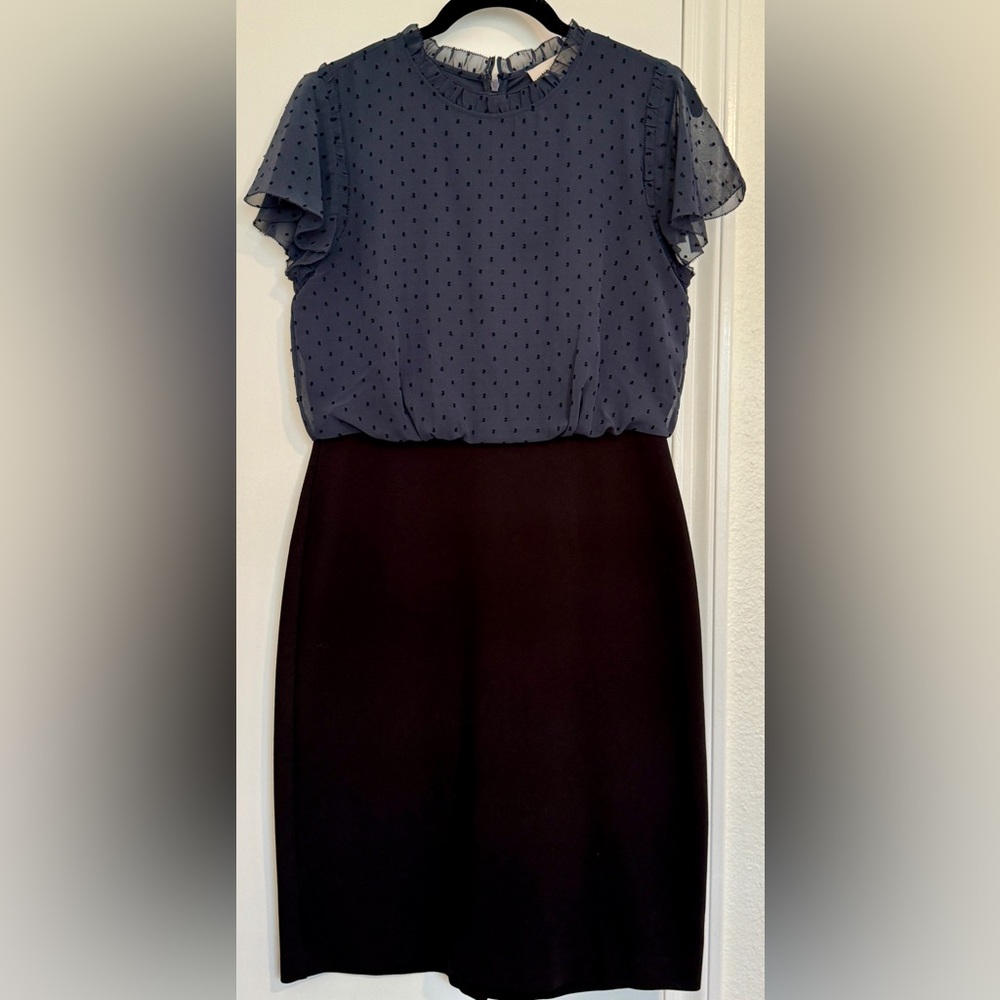 LOFT Black and Blue Swiss Dot Knee Length Dress
